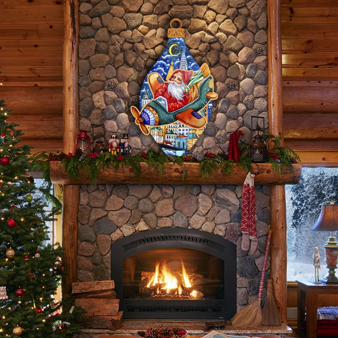 Santa On an Airplane Christmas Door Decor by G. DeBrekht - Christmas Santa Snowman Decor - 8112170H-1