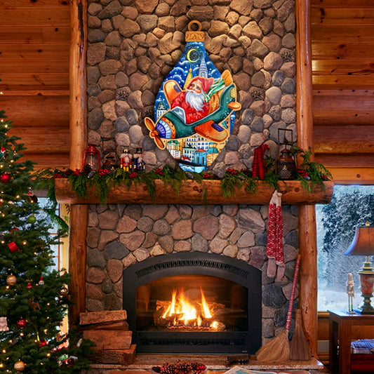 Santa On an Airplane Christmas Door Decor by G. DeBrekht - Christmas Santa Snowman Decor - 8112170H-1
