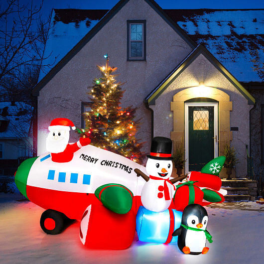 9 Feet Lighted Christmas Inflatable Santa Claus on Helicopter with Penguin-1